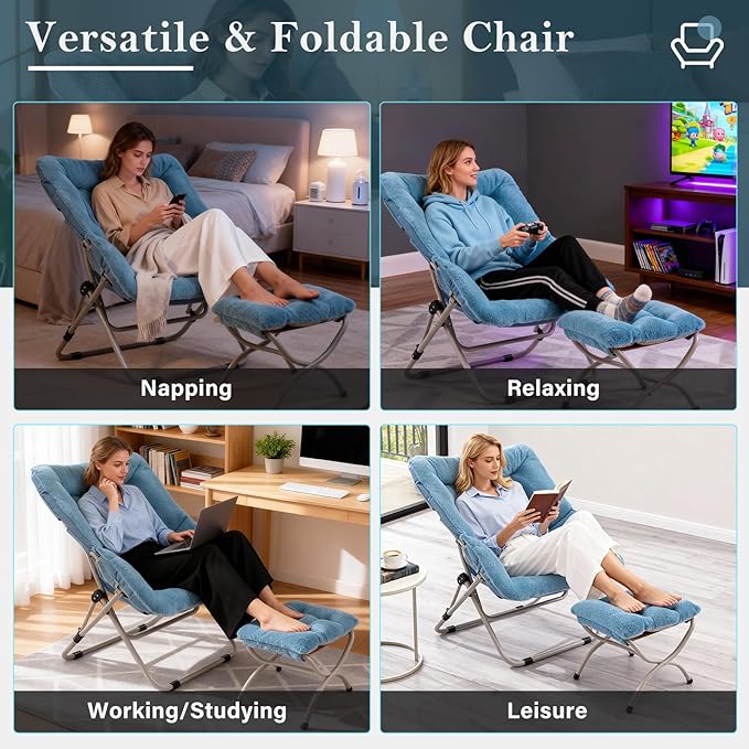 Saucer Chair With Ottoman - Oversized Folding Faux Fur, X-Large Soft Dorm, Foldable Metal Frame for Bedroom, Living Room, Study, Playroom (Blue)
