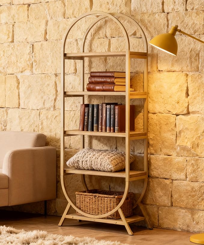 Arched Bookshelf,5-Tier Tall Wide Open Bookshelf,Modern Brown Storage Bookshelves, Freestanding Display Rack Shelving Unit for Office, Bedroom, Living Room, Easy Assembly, Brown