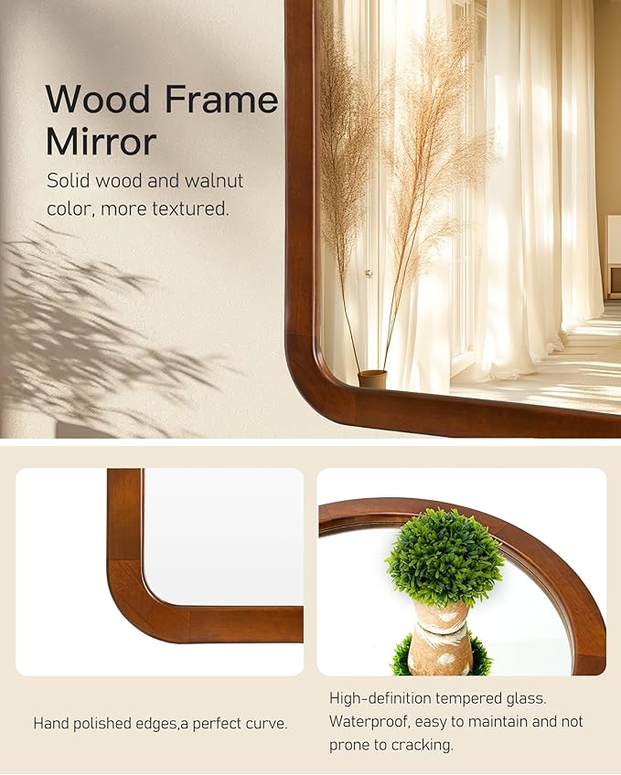 Arched Mirror 22 x 30 Inch,Walnut Brown Wood Rustic Bathroom Tempered Wall Mirror with Wood Frame,Round Corner Arch Farmhouse Wooden Vanity Mirror for Living Room,Entryway or Bedroom