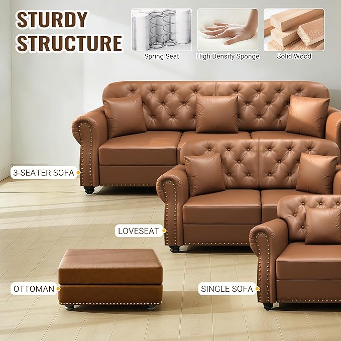 KEIKI 83" Faux Leather Chesterfield Sofa with Rolled Arms & Nailhead Trim & 3 Ottoman, 3-Seater Button Tufted Couch with High Resilience Cushion & 3 Pillow, Easy Assembly, for Living Room, Brown