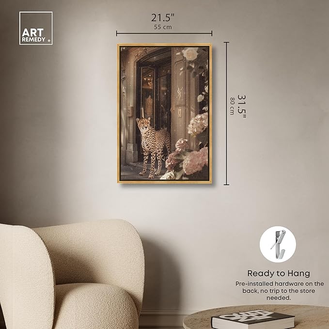 Art Remedy Cheetah at the Store Canvas Fashion Designer Wall Art, Gold Frame, 20" x 30"