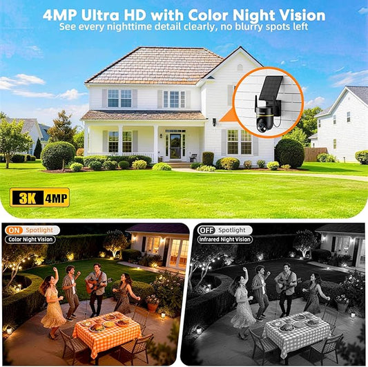 Lybuorz Outdoor Security Camera Wireless Solar Powered, 4MP HD Pan Tilt 360° View, IP65 Weatherproof, WiFi 6 Dual Band, AI Human Detection/Siren, 2-Way Audio, Color Night Vision, SD/Cloud Storage
