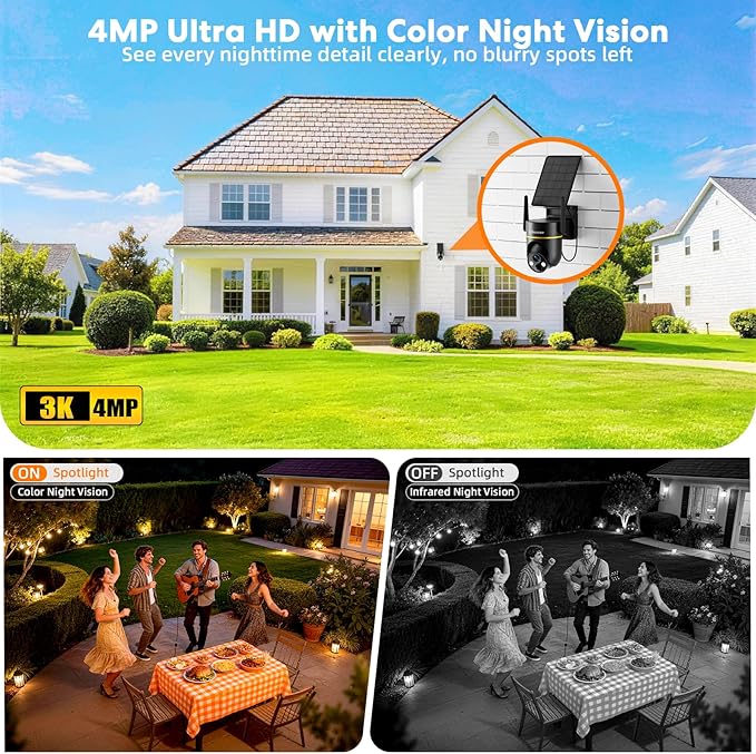 5G&2.4GHz 4MP Solar Security Camera Wireless Outdoor, 100% Wire-Free Home Security Camera w/ WiFi 6, Battery Powered Outdoor Camera, 360° PTZ, Color Night Vision, AI Motion Detection, IP65 Waterproof