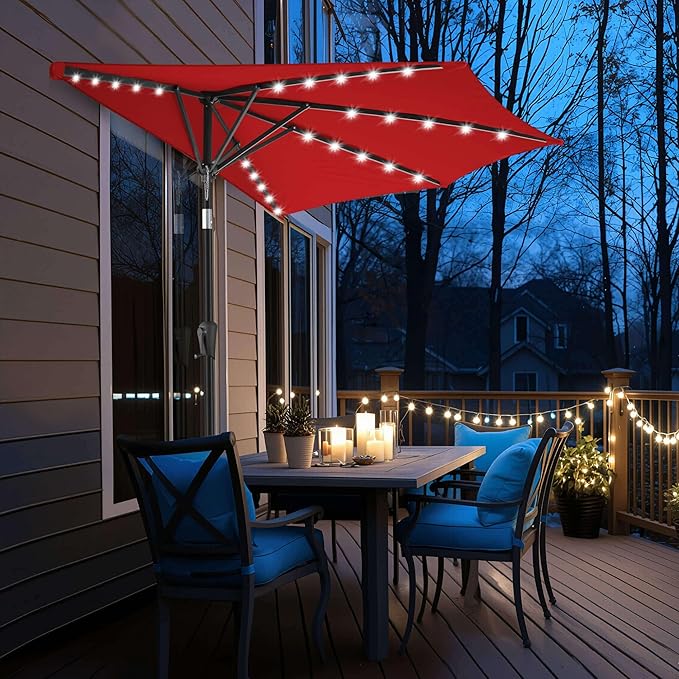 9ft Solar Half Umbrellas Outdoor - LED Half Patio Umbrella with 25 Lights, UV Protection Waterprool, Half Round Umbrella for Wall Balcony, Pool, Porch, Garden, Deck, Backyard, Red
