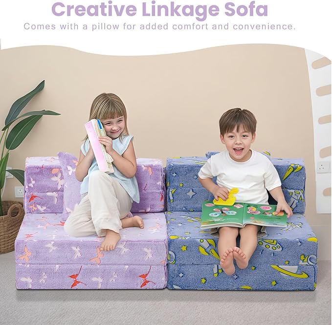 MeMoreCool Foldable Futon Chair Bed for Kids, Glow Tri-fold Sofa Bed Convertible Toddler Sofa Mattress, Foam Floor Couch for Sitting, Purple