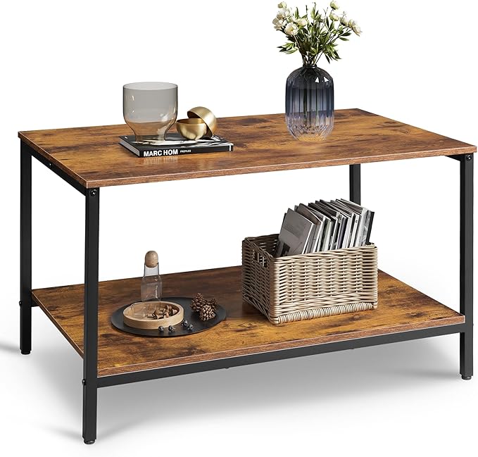 WLIVE Small Coffee Table for Living Room, 31.3" Modern Industrial Coffee Table with Storage Shelf & Metal Frame, 2-Tier Wood Center Table for Small Spaces Apartment, Home, Charcoal Black