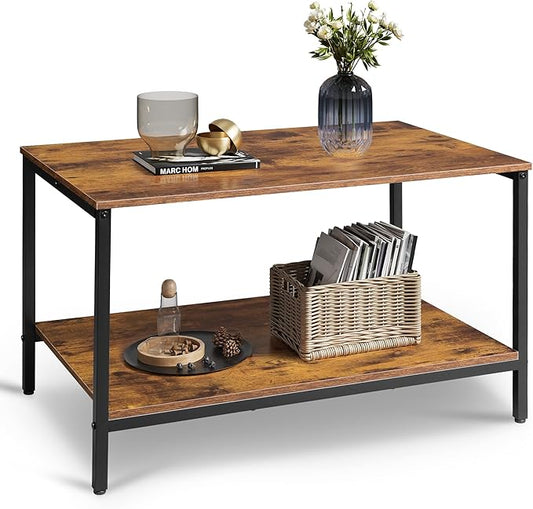 WLIVE Small Coffee Table for Living Room, 31.3" Modern Industrial Coffee Table with Storage Shelf & Metal Frame, 2-Tier Wood Center Table for Small Spaces Apartment, Home, Charcoal Black