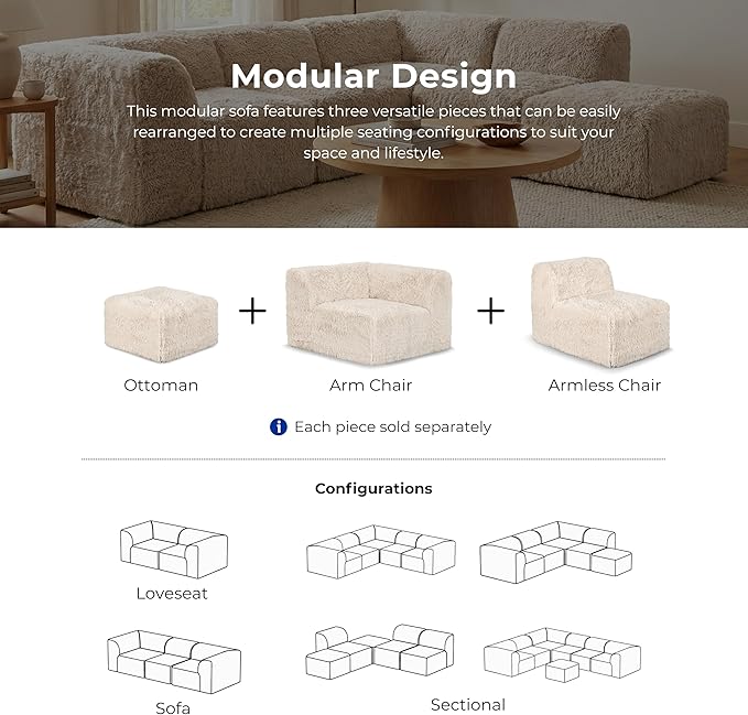 Furniture of America Havyn Modern Faux Fur 5-Seater L-Shaped Modular Foam Sectional Sofa, Compressed Couch in a Box, No Assembly Required, for Living Room and Office, Sand