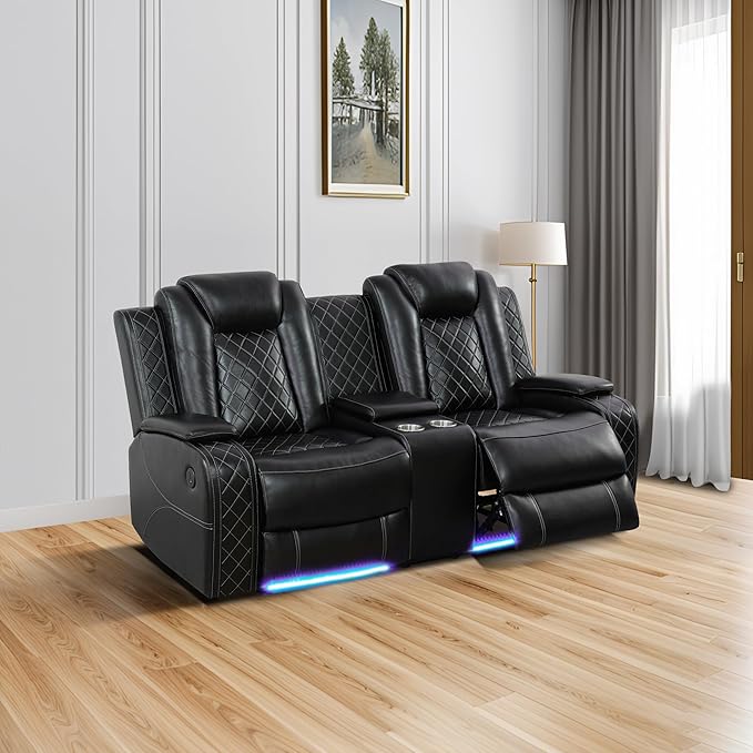 Dual Power Loveseat Recliner with Storage, Cup Holders & USB-C Charging, Faux Leather Electric Sofa for 2 with LED Lights, 73.5'' Wide