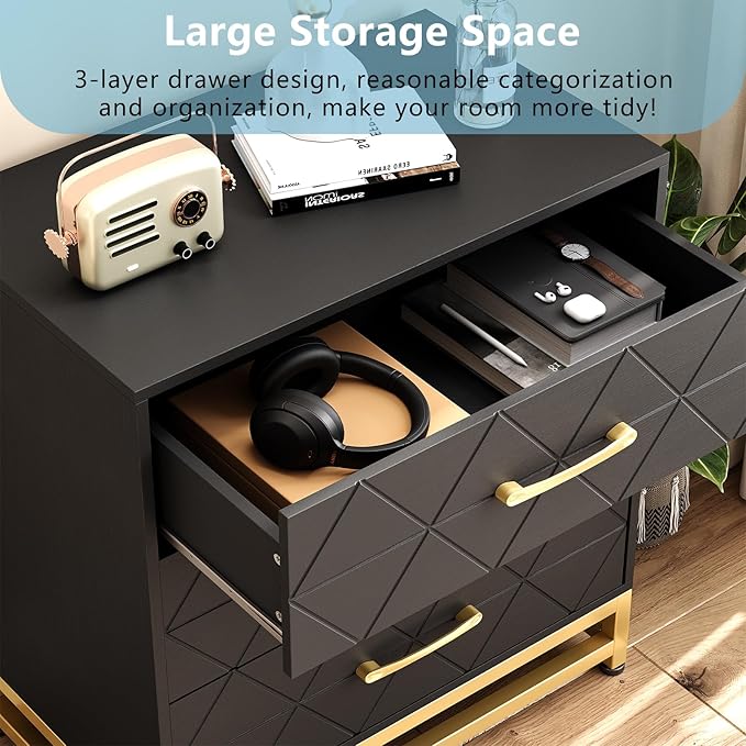GarveeHome Wooden Dresser for Bedroom, Dressers & Chest of Drawers with 3 Drawer, Wood nightstand for Storage and Organization (Black)
