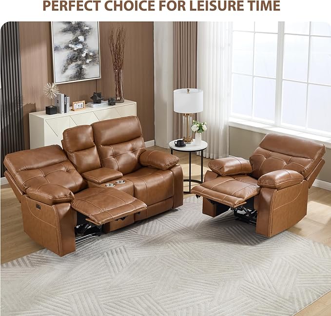 CANMOV Genuine Leather Power Recliner Sofa Set, Two Power Recliner Chair and Loveseat Set, 3 Pieces Leather Couch with Storage Console, USB Ports, Cup Holders for Living Room,Brown