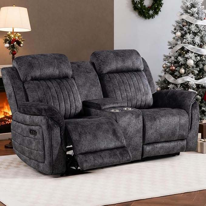 Zero Gravity Power Reclining Loveseat Sofa with Adjustable Headrests, Power Loveseat Recliner with Console, Electric 2-Seater Recliner Couch with Charging Port for Living Room (Velvet, Grey)
