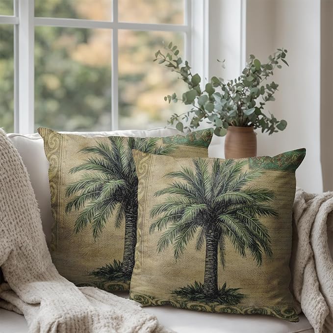 Palm Tree Pillow Covers 16x16 Set of 2 Hawaiian Tropical Leaf Decorative Throw Pillows Summer Vintage Outdoor Pillow Cases Cotton Linen Cushion Cover for Bed Couch Sofa Living Room