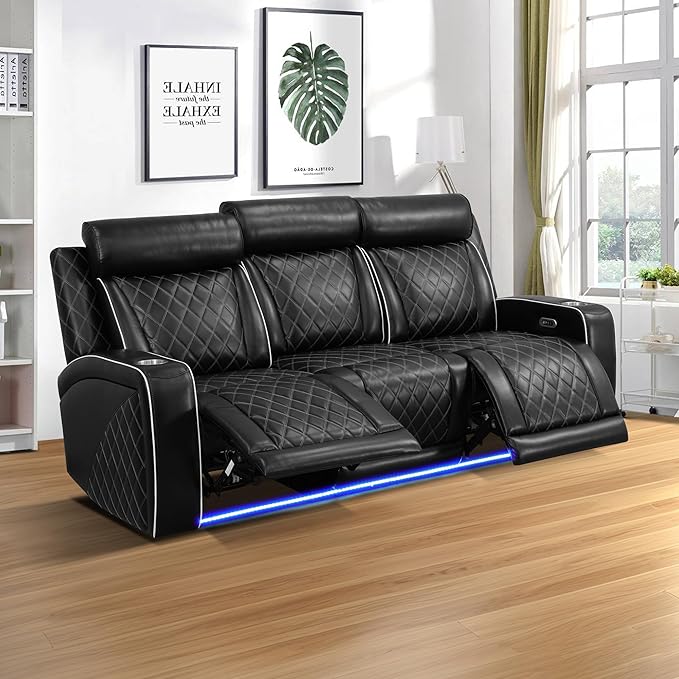 Breathing Leather Power Recliner Sofa Set, 2 Piece Leather Couch and Recliner Chair Set, Living Room Furniture Set with USB Charging/LED Lights (Black New, Sofa+Chair)