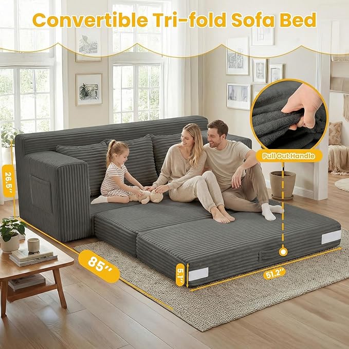 Boneless Couch,3 Seater Boneless Couch Bed – 3-in-1 Convertible Sleeper Sofa with Side Pockets & Handle,Pull Out Corduroy Futon for Small Space,Living Room & Bedroom, 3 Pillows Included,No Assembly