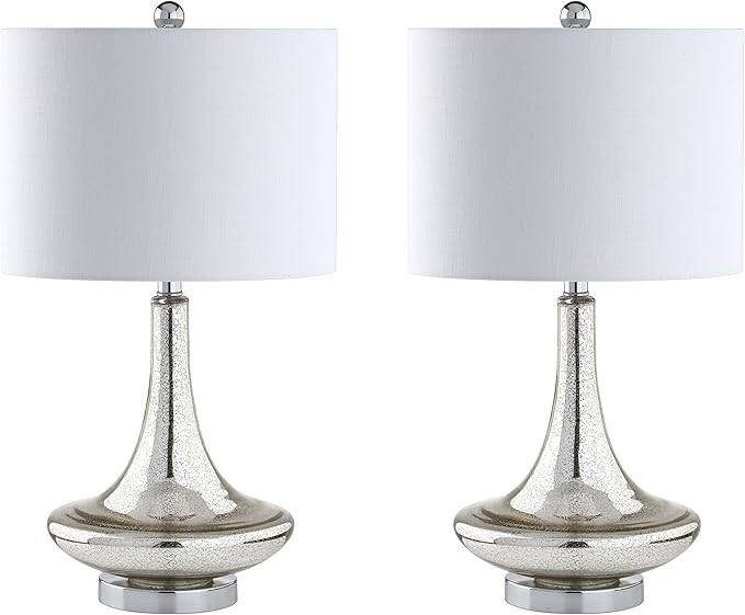 JONATHAN Y 25.5" Mercury Silver Glass Teardrop Table Lamp Set of 2 for Bedroom, Modern Bedside Lamps for Living Room, White Linen Drum Shade, LED Bulbs Included JYL1081A-SET2
