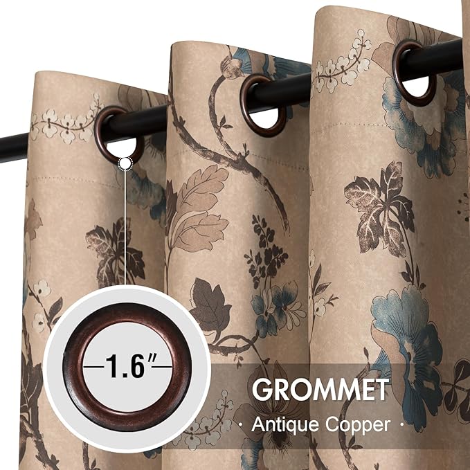 H.VERSAILTEX Blackout Curtains for Bedroom/Living Room Thermal Insulated Printed Curtain Drapes 84 Inches Long Energy Efficient Room Darkening Curtains Pair (2 Panels), Vintage Floral Brown & Blue