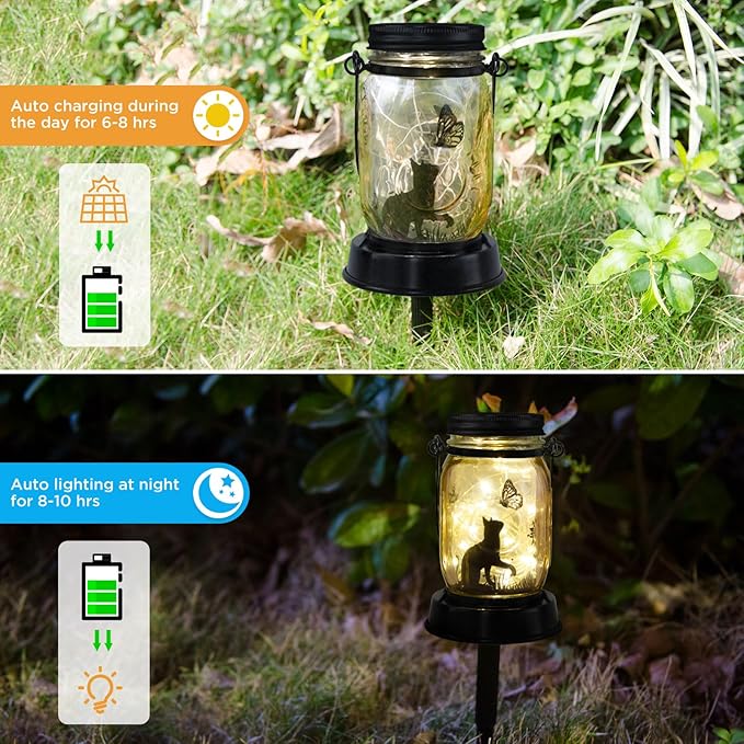Cat Lover Gifts for Mom/Grandma/Women/Sister Cat Butterfly Solar Light Gifts Mother Day Gift Solar Lanterns Outdoor Waterproof Fairy Lights Led Mason Jar Hanging Cat Lamps Decor for Garden Yard Patio