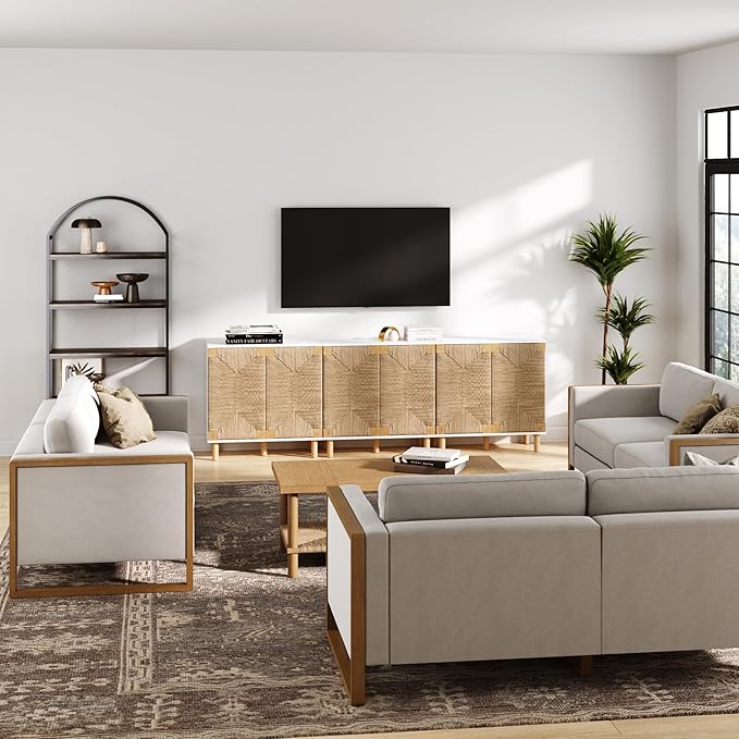 Nathan James Beacon Accent Natural Sideboard Storage Cabinet TV Stand with Adjustable Interior Shelf and Seagrass Doors, for Hallway, Entryway or Dining Room, Light Brown/White, Set of 3