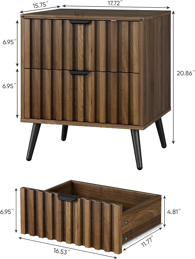 Smuxee Walnut Wooden Night Stand, Mid Century Nightstand with 2 Fluted Drawers, Bedside Table with Open Shelf, Modern End Side Table for Bedroom