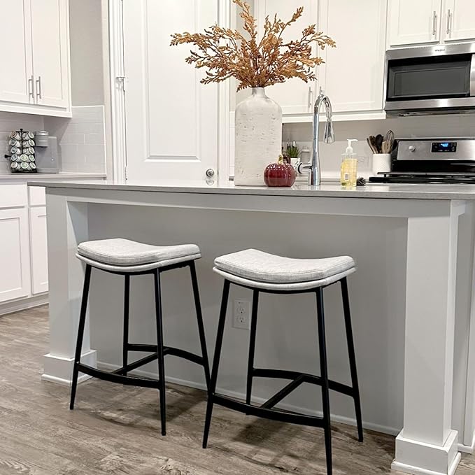 Nathan James 22201 Arlo Modern Backless Upholstered Kitchen Counter Bar Stool with Double-Layered Saddle Seat and Metal Base, Grey/ Matte Black