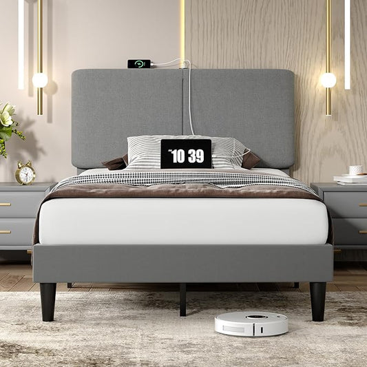 VECELO Twin Bed Frame with Type-C & USB Ports,Upholstered Platform Height-Adjustable Cotton and Linen Headboard,No Box Spring Needed, Noise-Free, Easy Assembly, Dark Grey