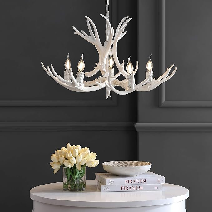 JONATHAN Y 26" White Rustic Resin Antler 4-Light LED Chandelier, Farmhouse Faux Deer Horn Hanging Ceiling Light for Dining Room, Kitchen Island, Adjustable Light Fixture (JYL6300B)