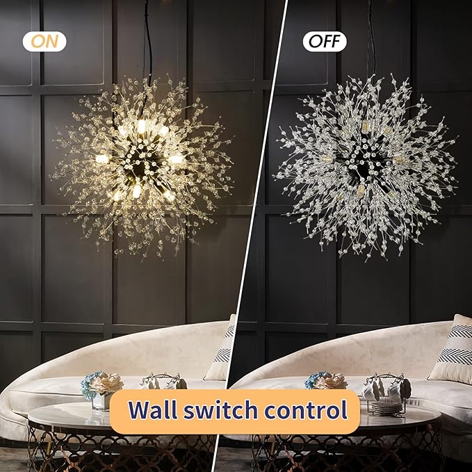 CM MZY Modern Crystal Chandeliers Firework, 9-Light Black Dandelion Sputnik Ceiling Light Fixtures, Sputnik Chandelier Pendant Light for Bedroom Living Room Dining Room Kitchen Island Hallway