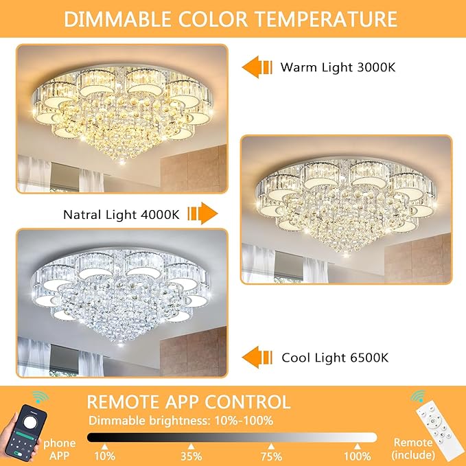 39.4'' Silver Modern Crystal Chandeliers for Dining Room LED Dimmable Light Fixtures Flush Mount Light Living Room Bedrooms