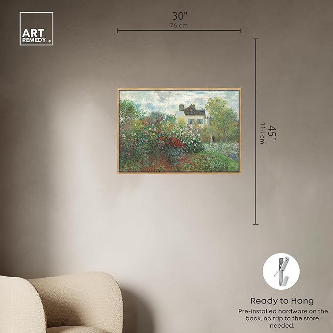 Art Remedy Monet-Garden With Dahlias Impressionism Classic Landscape Paintings Canvas Wall Art, Gold Floater Frame, 30"x45"