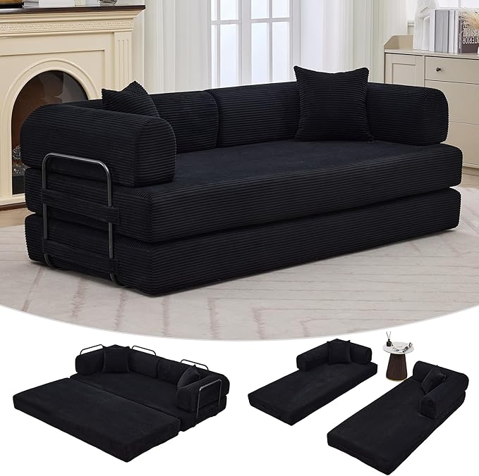GarveeHome 79" Convertible Sleeper Sofa Bed Couch, 4-in-1 Boneless Corduroy Folding Sofa Bed with Pillow & Fixed-Shape, Floor Mattress Couch Loveseat for Living Room Apartments - No Assembly, Black