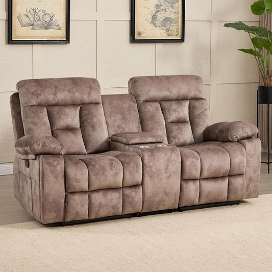 CANMOV Loveseat Recliner, Manual Recliner Sofa Chair for Living Room, Reclining Sofa with Storage Console,Hidden Cup Holders, 2 Seat, Camel-Brown