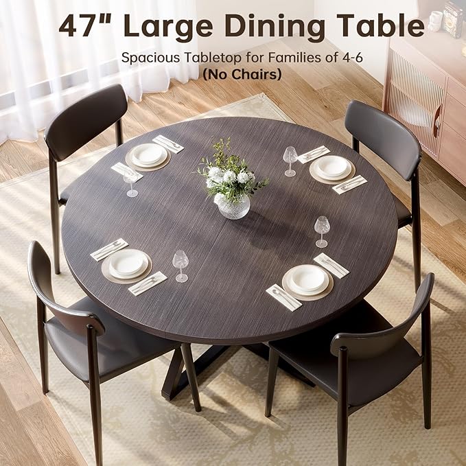 Concho 47" Round Kitchen Dining Room Table for 4-6 Circle Dining Dinner Table with Pedestal Metal Frame,Space Saving Wood Kitchen & Dining Room Furniture, Dark Coffee Gray
