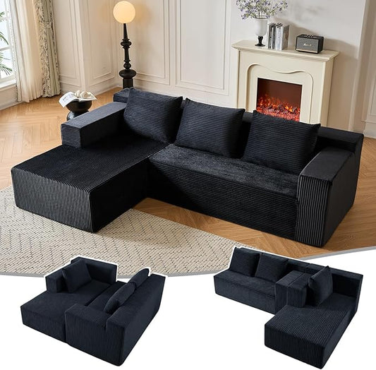 HonTop 103” L-Shaped Modular Sectional Sofa with Chaise, Boneless Comfy Corduroy Fluffy Couch with Deep Seat, Flexible Module Combination for Living Room, No Assembly, Black Left | Friendly Size, Flexible Modular, Family Pet-Friendly, Soft Corduroy, Su...