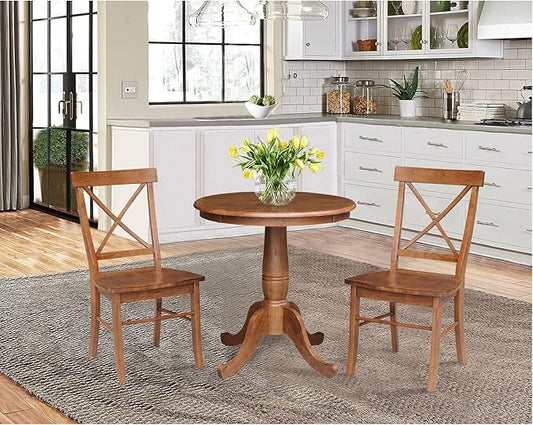 IC INTERNATIONAL CONCEPTS 30" Solid Wood Round Pedestal Table in Distressed Oak with 2 X-Back Chairs