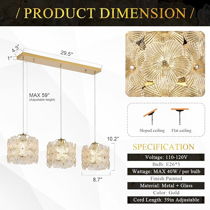3-Lights Flower Glass Pendant Light for Kitchen Island Modern Gold Linear Chandelier Adjustable Ceiling Pendant Lighting for Bar Dining Room Living Room