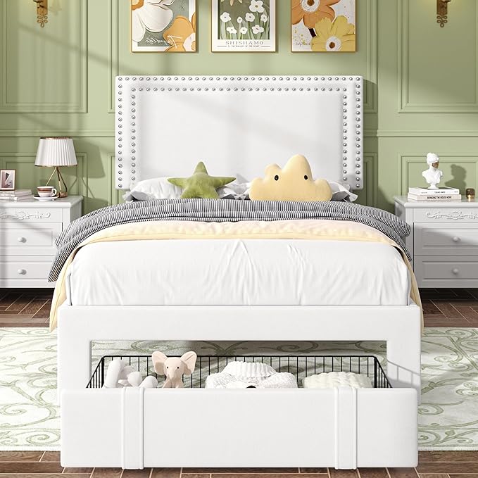 VECELO Twin Platform Bed Frame with Storage Drawer, Adjustable Velvet Rivet Headboard, Wooden Support, No Box Spring Needed, Easy Assembly