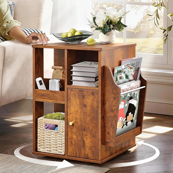 TooCust Rotating End Table with Storage, Square Rotating Side Table Living Room, Side Table with Magazine Holder, Basket and Cabinet, Swivel End Table with Multiple Storage (Rustic Brown)