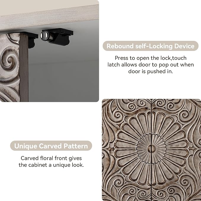 COSIEST 32" W Sideboard Buffet Cabinet with Storage, Accent Cabinet with 2 Push-to-Open Magnetic Doors, Vintage MDF Buffet Table for Living Room, Kitchen, Hallway (Gray,Flower Pattern)