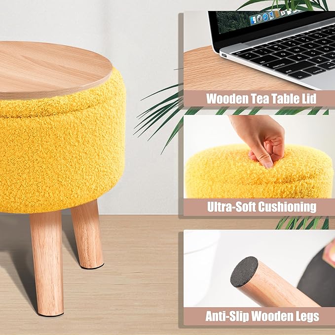Poofzy Small Ottoman with Storage, Small Foot Stool Ottoman with Wood Legs, Sherpa Foot Rest for Couch, Living Room and Bedroom - Yellow