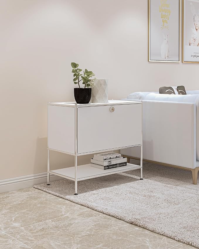 Metal Sidetable with Flap Door, 27.5" Height - DIY Modern Furnishing for Home, Office, Foyer, Bedroom - Night Stand, Book Shelf, Bookshelf, Cube Storage Organizer, Bedside Table (White)