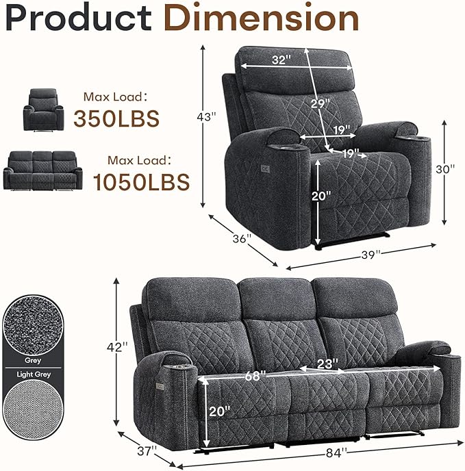 HAOMARKETS 2-Piece Electric Recliner Sofa Set with Charging Port, Include Single Power Reclining Chair and 3-Seater Reclining Sofa for Living Room, Dark Grey
