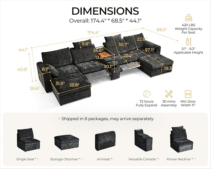 174.4'' Oversized Modular Power Recliner Sofa with Headrest, Deep Cloud Couch with Table, Charging Cup Holders, Convertible U-Shaped 6-Seater Sectional with 2 Storage Ottomans, Chenille, Black