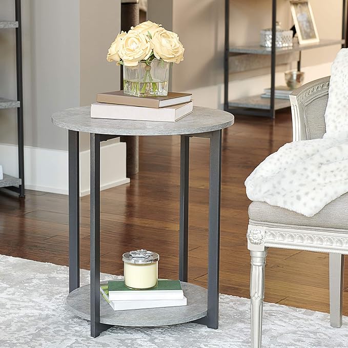 Household Essentials Jamestown Round Side End Table with Storage Shelf Rustic Slate Concrete and Black Metal
