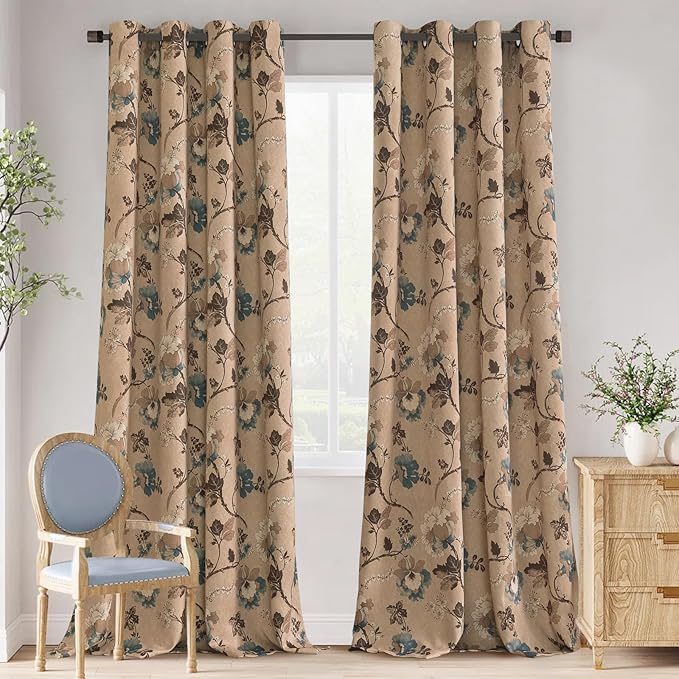 H.VERSAILTEX Blackout Curtains for Bedroom/Living Room Thermal Insulated Printed Curtain Drapes 96 Inches Long Energy Efficient Room Darkening Curtains Pair (2 Panels), Vintage Floral Brown & Blue