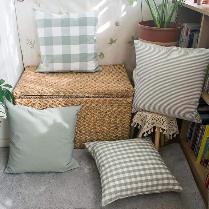 HOPLEE Farmhouse Sage Green Fall Pillow Covers 24x24 Cushion Cover with Buffalo Plaid, Solid Sage Green, Striped and Gingham Plaid Design 24x24 inch,4 Pack
