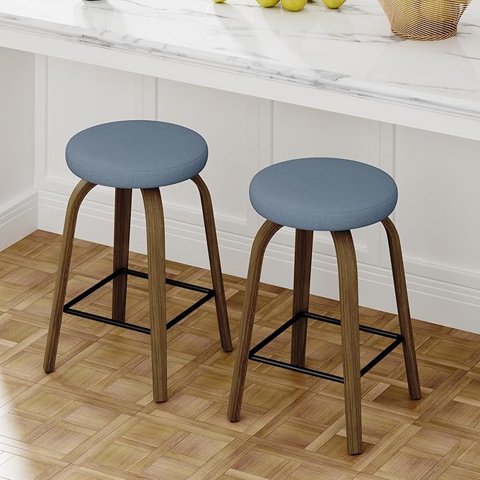 Bar Stools Set of 2, Counter Height Backless Bar Stools, 26" Swivel Barstools Kitchen Chair with Upholstered Fabric Seat, Blue