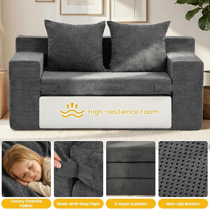 Boneless Couch,Boneless Loveseat Sleeper Sofa Bed – 3-in-1 Convertible Couch Bed with Side Pockets & Handle,Pull Out Futon for Small Space,Living Room & Bedroom,2 Pillows Included,No Assembly