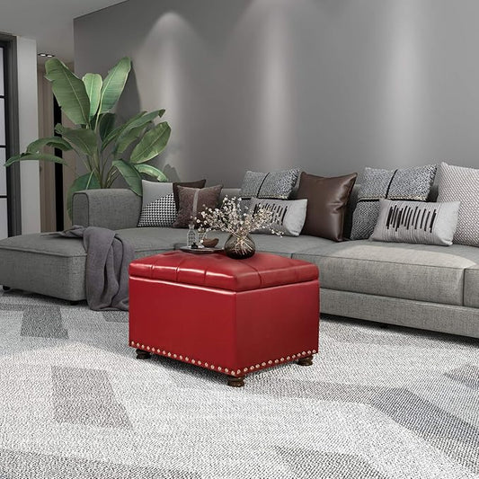 Adeco High End Red Classy Bonded PU-Leather Tufted Accents Rectangular Storage Bench Ottoman Footstool,