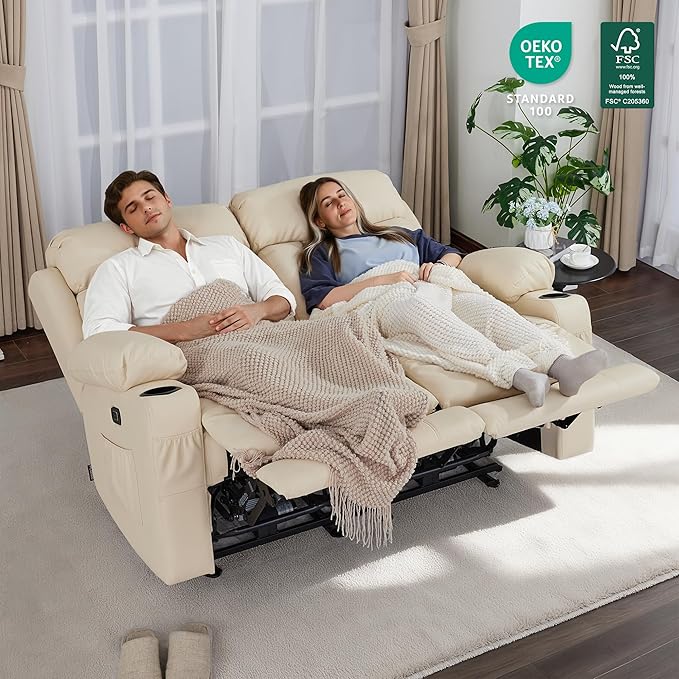 MCombo Zero Gravity Loveseat Recliner with Heat and Massage, Power Reclining Sofa for Living Room, Faux Leather 6075 (Cream White, Loveseat Recliner)